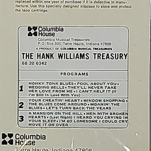 Columbia House 8-Track Tape by Hank Williams Treasury - Picture 3 of 6